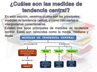 En esta sección, veremos cuáles son las principales
medidas de tendencia central, y cómo calcularlas e
interpretarlas correctamente.
Existen tres tipos principales de medidas de tendencia
central. Estas son conocidas como la media, mediana y
moda.
 