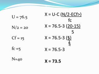 X = U-C (N/2-ECf>)
fc
X = 76.5-3 (20-15)
5
X = 76.5-3 (5)
5
X = 76.5-3
X = 73.5
U = 76.5
N/2 = 20
Cf = 15
fc =5
N=40
 