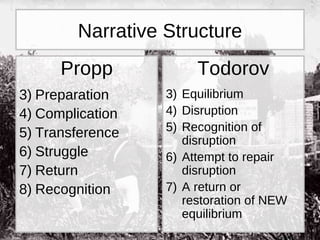Narrative Structure Propp Preparation Complication Transference  Struggle Return Recognition Todorov Equilibrium Disruption  Recognition of disruption Attempt to repair disruption A return or restoration of NEW equilibrium 