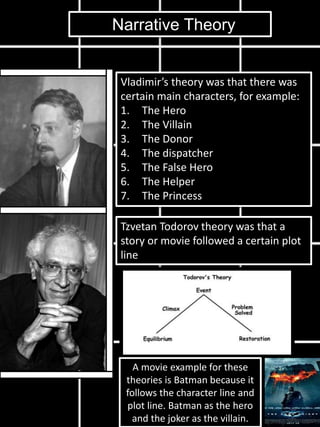Vladimir’s theory was that there was
certain main characters, for example:
1. The Hero
2. The Villain
3. The Donor
4. The dispatcher
5. The False Hero
6. The Helper
7. The Princess
Tzvetan Todorov theory was that a
story or movie followed a certain plot
line
Narrative Theory
A movie example for these
theories is Batman because it
follows the character line and
plot line. Batman as the hero
and the joker as the villain.
 