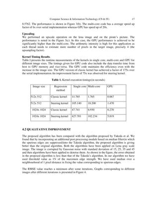 Computer Science & Information Technology (CS & IT) 17
8.5762. The performance is shown in Figure 3(b). The multi-core code has a average speed up
factor of 6x over serial implementation whereas GPU has speed up of 20x.
Upscaling.
We performed an upscale operation on the lena image and on the pirate’s picture. The
performance is noted in the Figure 3(c). In this case, the GPU performance is achieved to be
significantly higher than the multi-core. The arithmetic intensity is high for this application as
each thread needs to estimate more number of pixels in the target image, precisely 4 (the
upsampling factor).
Kernel Timing Results.
Table I presents the runtime measurements of the kernels in single core, multi-core and GPU for
different image sizes. The timings given for GPU code also include the data transfer time from
host to GPU memory and vice-versa. The GPU code maintains the efficiency even with the
increase in the image size. The GPU version of classic kernel has achieved a factor of 175x over
the serial implementation.An improvement factor of 75x was observed for steering kernel.
Table 1. Kernel execution timings(in seconds)
Image size Regression
method
Single core Multi-core GPU
512x 512 Classic kernel 11.765 1.765 0.067
512x 512 Steering kernel 105.140 18.200 1.470
1024x 1024 Classic kernel 47.741 6.930 0.270
1024x 1024 Steering kernel 427.701 102.234 5.819
4.2 QUALITATIVE IMPROVEMENT
The proposed algorithm has been compared with the algorithm proposed by Takeda et al. We
found that by incorporating an additional post processing module based on median filter(in which
the spurious edges are suppressed)into the Takeda algorithm, the proposed algorithm is giving
better than the original algorithm. Both the algorithms have been applied on Lena gray scale
image. The image is corrupted by Gaussian noise with standard deviation of 15, 25, 35 and 45
and then algorithms have been applied to denoise them. As shown in the figure, the error obtained
in the proposed algorithm is less than that of the Takeda’s algorithm. In our algorithm we have
used threshold value as 1% of the maximum edge strength. We have used median over a
neighbourhood of 1 pixel distance in fixing the value corresponding to spurious edges.
The RMSE value reaches a minimum after some iterations. Graphs corresponding to different
images after different iterations is presented in Figure 4.
 