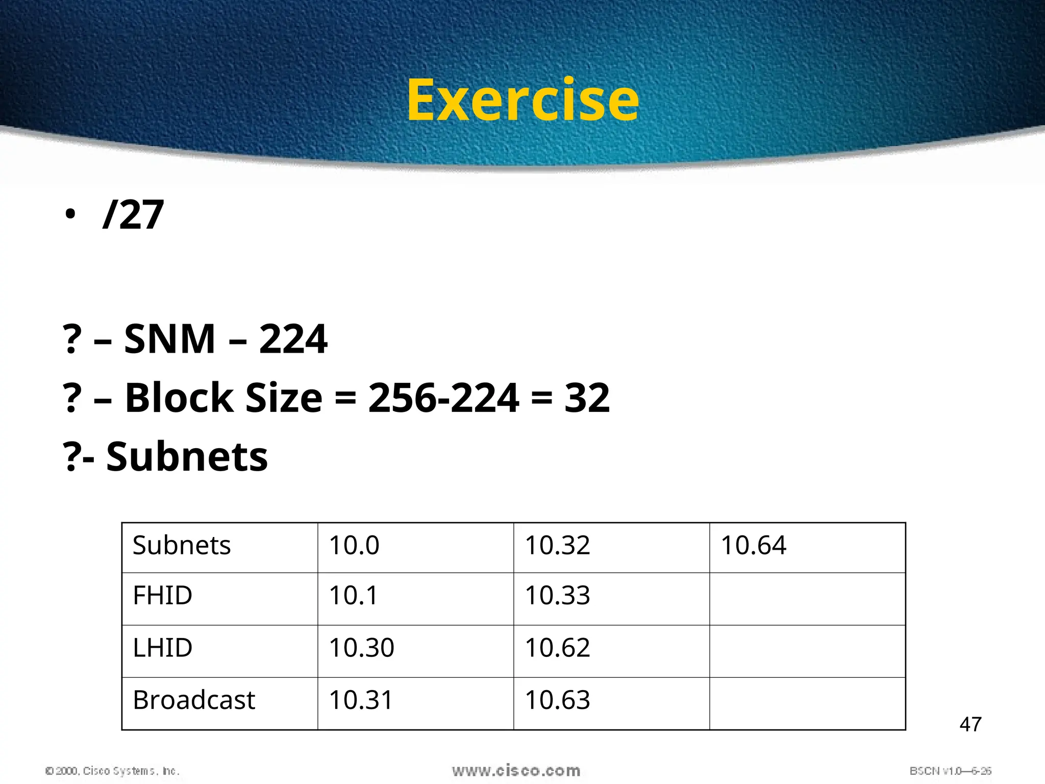 47
Exercise
• /27
? – SNM – 224
? – Block Size = 256-224 = 32
?- Subnets
Subnets 10.0 10.32 10.64
FHID 10.1 10.33
LHID 10.30 10.62
Broadcast 10.31 10.63
 