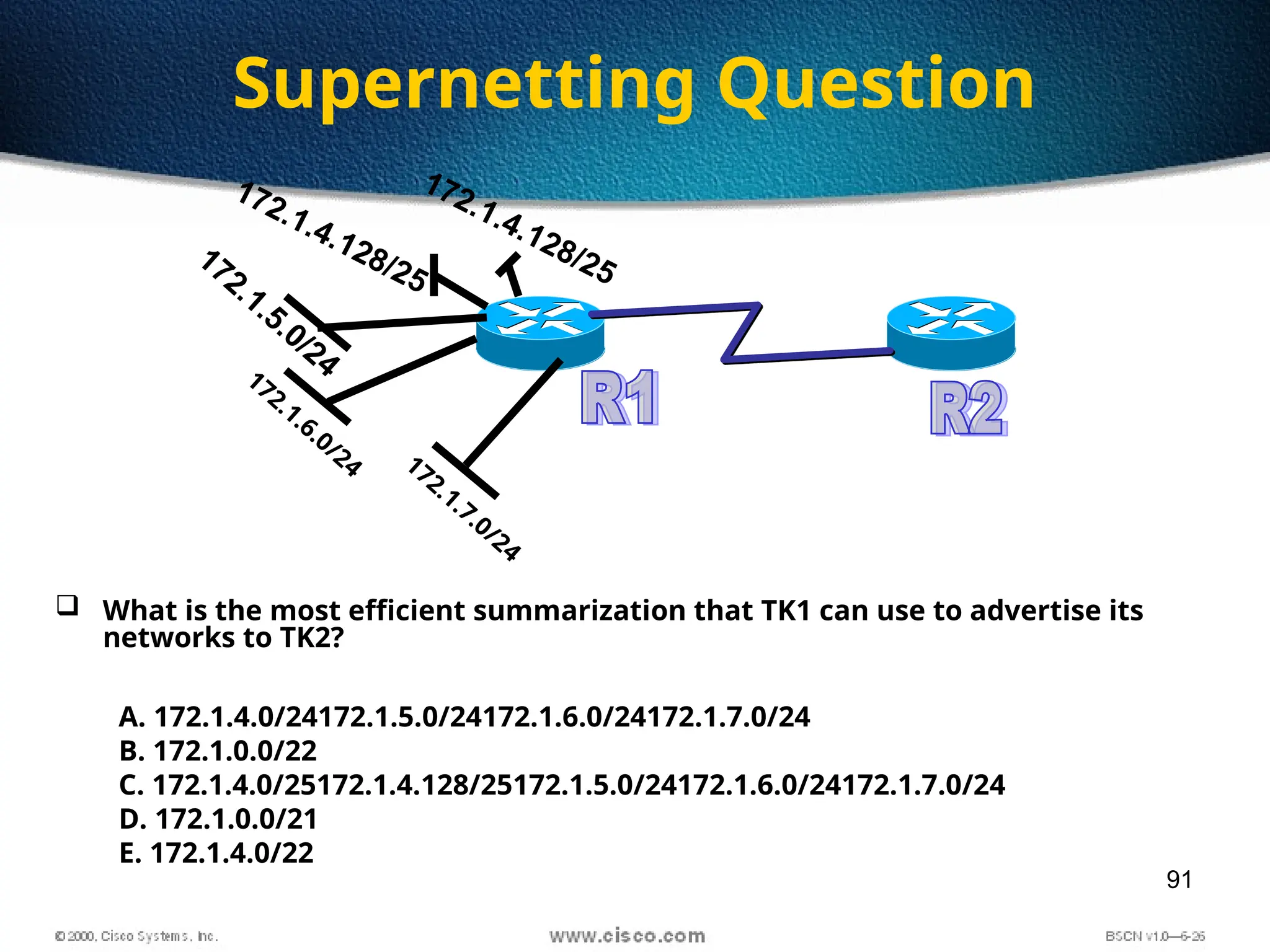 91
Supernetting Question
172.1.7.0/24
172.1.6.0/24
172.1.5.0/24
172.1.4.128/25
172.1.4.128/25
 What is the most efficient summarization that TK1 can use to advertise its
networks to TK2?
A. 172.1.4.0/24172.1.5.0/24172.1.6.0/24172.1.7.0/24
B. 172.1.0.0/22
C. 172.1.4.0/25172.1.4.128/25172.1.5.0/24172.1.6.0/24172.1.7.0/24
D. 172.1.0.0/21
E. 172.1.4.0/22
 