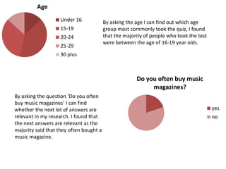 Age
                   Under 16              By asking the age I can find out which age
                   15-19                 group most commonly took the quiz, I found
                   20-24                 that the majority of people who took the test
                                         were between the age of 16-19 year olds.
                   25-29
                   30 plus



                                                       Do you often buy music
                                                            magazines?
By asking the question ‘Do you often
buy music magazines’ I can find
whether the next lot of answers are                                                      yes
relevant in my research. I found that                                                    no
the next answers are relevant as the
majority said that they often bought a
music magazine.
 