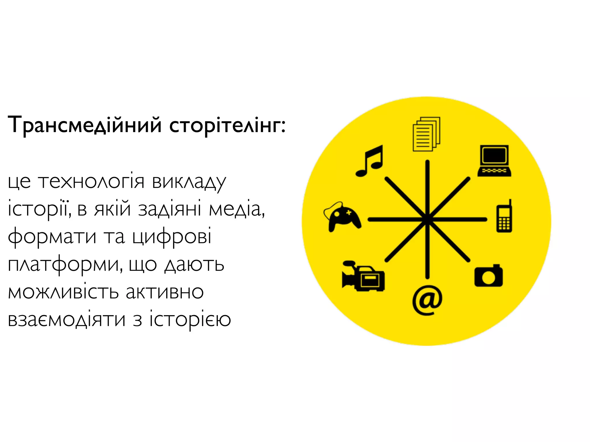 Трансмедійний сторітелінг:
це технологія викладу
історії, в якій задіяні медіа,
формати та цифрові
платформи, що дають
можливість активно
взаємодіяти з історією
 