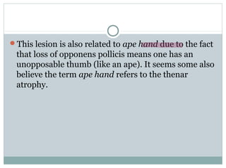 This lesion is also related to ape hand due to the fact
that loss of opponens pollicis means one has an
unopposable thumb (like an ape). It seems some also
believe the term ape hand refers to the thenar
atrophy.
 
