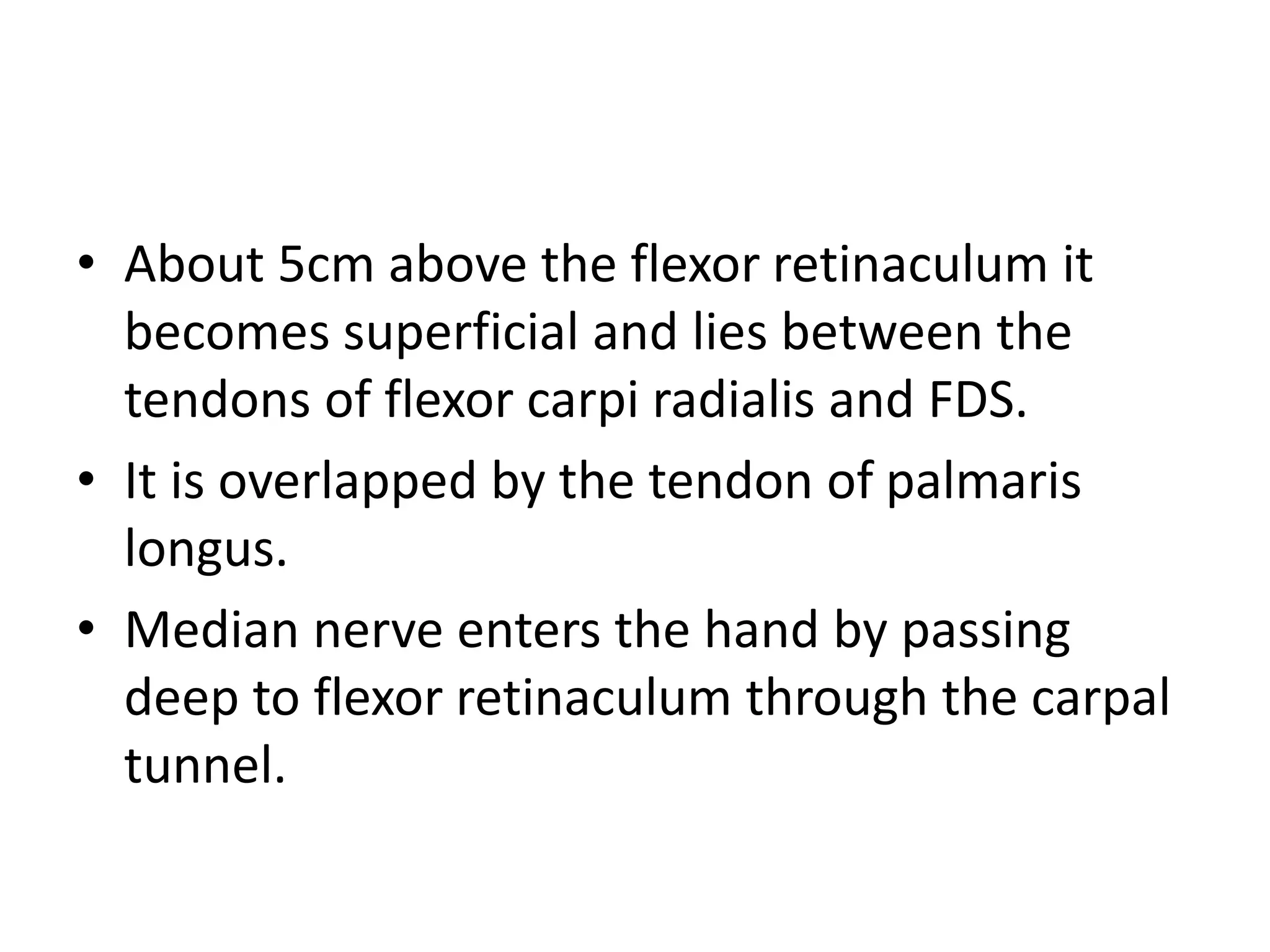 • About 5cm above the flexor retinaculum it
becomes superficial and lies between the
tendons of flexor carpi radialis and FDS.
• It is overlapped by the tendon of palmaris
longus.
• Median nerve enters the hand by passing
deep to flexor retinaculum through the carpal
tunnel.
 