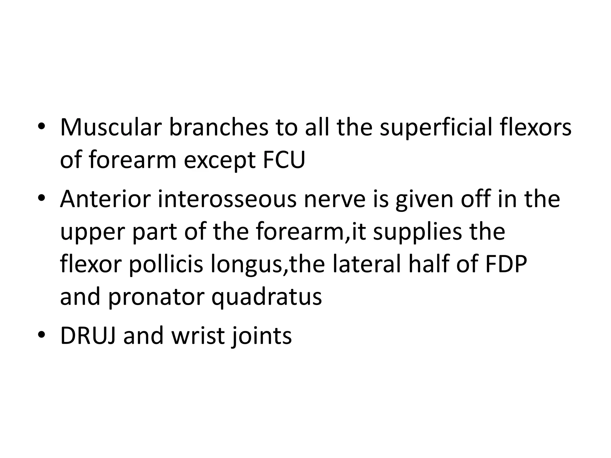 • Muscular branches to all the superficial flexors
of forearm except FCU
• Anterior interosseous nerve is given off in the
upper part of the forearm,it supplies the
flexor pollicis longus,the lateral half of FDP
and pronator quadratus
• DRUJ and wrist joints
 