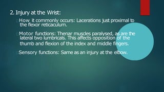 2.Injury at the Wrist:
How it commonly occurs: Lacerations just proximal to
the flexor reticaculum.
Motor functions: Thenar muscles paralysed, as are the
lateral two lumbricals. This affects opposition of the
thumb and flexion of the index and middle fingers.
Sensory functions: Same as an injury at the elbow.
 