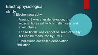 Electrophysiological
study
Electromyography
Around 3 wks after denervation, the
muscle fibres will twitch rhythmically and
involuntarily
These fibrillations cannot be seen clinically
but can be measured by EMG
Fibrillations are called denervation
fibrillation
 