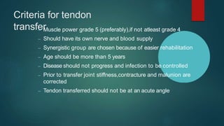 Criteria for tendon
transfer
– Muscle power grade 5 (preferably),if not atleast grade 4
– Should have its own nerve and blood supply
– Synergistic group are chosen because of easier rehabilitation
– Age should be more than 5 years
– Disease should not progress and infection to be controlled
– Prior to transfer joint stiffness,contracture and malunion are
corrected
– Tendon transferred should not be at an acute angle
 