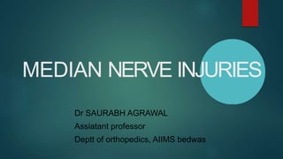 MEDIAN NERVE INJURIES
Dr SAURABH AGRAWAL
Assiatant professor
Deptt of orthopedics, AIIMS bedwas
 
