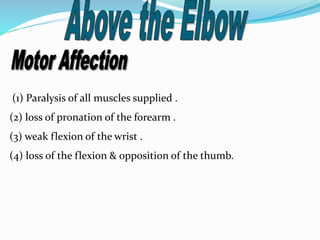 (1) Paralysis of all muscles supplied .
(2) loss of pronation of the forearm .
(3) weak flexion of the wrist .
(4) loss of the flexion & opposition of the thumb.
 
