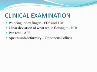 CLINICAL EXAMINATION
 Pointing index finger – FDS and FDP
 Ulnar deviation of wrist while flexing it - FCR
 Pen test – APB
 Ape thumb deformity – Opponens Pollicis
 