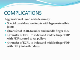 COMPLICATIONS
Aggravation of Swan neck deformity:
 Special consideration for pts with hyperextensible
joints-
 1)transfer of ECRL to index and middle finger FDS
 2)transfer of ECRL to index and middle finger FDP
with FDP sutured to A4 pulleys
 3)transfer of ECRL to index and middle finger FDP
with DIP joint arthrodesis
 