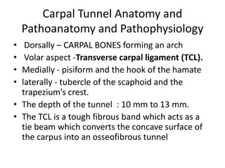 Carpal Tunnel Anatomy and
Pathoanatomy and Pathophysiology
• Dorsally – CARPAL BONES forming an arch
• Volar aspect -Transverse carpal ligament (TCL).
• Medially - pisiform and the hook of the hamate
• laterally - tubercle of the scaphoid and the
trapezium’s crest.
• The depth of the tunnel : 10 mm to 13 mm.
• The TCL is a tough fibrous band which acts as a
tie beam which converts the concave surface of
the carpus into an osseofibrous tunnel
 