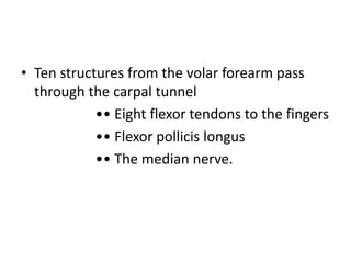 • Ten structures from the volar forearm pass
through the carpal tunnel
•• Eight flexor tendons to the fingers
•• Flexor pollicis longus
•• The median nerve.
 