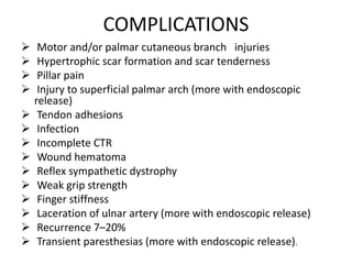 COMPLICATIONS
 Motor and/or palmar cutaneous branch injuries
 Hypertrophic scar formation and scar tenderness
 Pillar pain
 Injury to superficial palmar arch (more with endoscopic
release)
 Tendon adhesions
 Infection
 Incomplete CTR
 Wound hematoma
 Reflex sympathetic dystrophy
 Weak grip strength
 Finger stiffness
 Laceration of ulnar artery (more with endoscopic release)
 Recurrence 7–20%
 Transient paresthesias (more with endoscopic release).
 