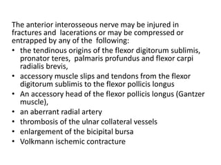 The anterior interosseous nerve may be injured in
fractures and lacerations or may be compressed or
entrapped by any of the following:
• the tendinous origins of the flexor digitorum sublimis,
pronator teres, palmaris profundus and flexor carpi
radialis brevis,
• accessory muscle slips and tendons from the flexor
digitorum sublimis to the flexor pollicis longus
• An accessory head of the flexor pollicis longus (Gantzer
muscle),
• an aberrant radial artery
• thrombosis of the ulnar collateral vessels
• enlargement of the bicipital bursa
• Volkmann ischemic contracture
 