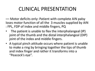 CLINICAL PRESENTATION
–– Motor deficits only: Patient with complete AIN palsy
loses motor function of all the 3 muscles supplied by AIN
: FPL, FDP of index and middle fingers, PQ
• The patient is unable to flex the interphalangeal (IP)
joint of the thumb and the distal interphalangeal (DIP)
joint of the index and middle fingers.
• A typical pinch attitude occurs where patient is unable
to make a ring by bringing together the tips of thumb
and index finger and rather it transforms into a
“Peacock’s eye”.
 
