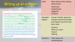 Writing up an analysis:Writing up an analysis:
Point State clearly what is being
represented.
•Dominant
•Subordinate
•Negative
•Positive
Example/
Explain
Create a holistic approach
and give technical example
and explain how they have
been used.
•Camera
•Mise-en-scene
•Sound
•Editing
Audience Think about the
interpretations
 