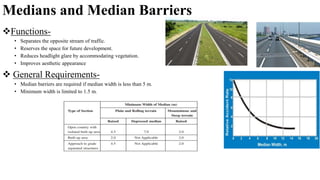 Medians and Median Barriers
Functions-
• Separates the opposite stream of traffic.
• Reserves the space for future development.
• Reduces headlight glare by accommodating vegetation.
• Improves aesthetic appearance
 General Requirements-
• Median barriers are required if median width is less than 5 m.
• Minimum width is limited to 1.5 m.
 