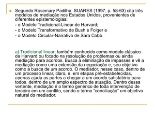  Segundo Rosemary Padilha, SUARES (1997, p. 58-63) cita três
modelos de mediação nos Estados Unidos, provenientes de
diferentes epistemologias:
- o Modelo Tradicional-Linear de Harvard;
- o Modelo Transformativo de Bush e Folger e
- o Modelo Circular-Narrativo de Sara Cobb.
a) Tradicional linear: também conhecido como modelo clássico
de Harvard ou focado na resolução de problemas ou ainda
mediação para acordos. Busca a eliminação de impasses e vê a
mediação como uma extensão da negociação e, seu objetivo
como a busca de um acordo. O mediador, nesse caso, dentro de
um processo linear, claro, e, em etapas pré-estabelecidas,
apenas ajuda as partes a chegar a um acordo satisfatório para
todos, dentro de um amplo espectro de atuação. Dentro dessa
vertente, mediação é o termo genérico de toda intervenção de
terceiro em um conflito, sendo o termo “conciliação” um objetivo
natural do mediador.
 
