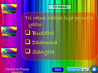 Created by:Prayogi Are you sure Yes!
Tri Ratna
Tri ratna adalah tiga permata
yaitu:
 Buddha
 Dhamma
 Sangha
 