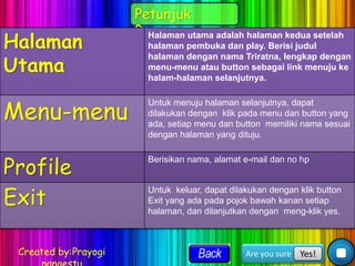 Created by:Prayogi Are you sure Yes!
Petunjuk
Penggunaan
Halaman
Utama
Halaman utama adalah halaman kedua setelah
halaman pembuka dan play. Berisi judul
halaman dengan nama Triratna, lengkap dengan
menu-menu atau button sebagai link menuju ke
halam-halaman selanjutnya.
Menu-menu
Untuk menuju halaman selanjutnya, dapat
dilakukan dengan klik pada menu dan button yang
ada, setiap menu dan button memiliki nama sesuai
dengan halaman yang dituju.
Profile
Berisikan nama, alamat e-mail dan no hp
Exit
Untuk keluar, dapat dilakukan dengan klik button
Exit yang ada pada pojok bawah kanan setiap
halaman, dan dilanjutkan dengan meng-klik yes.
 