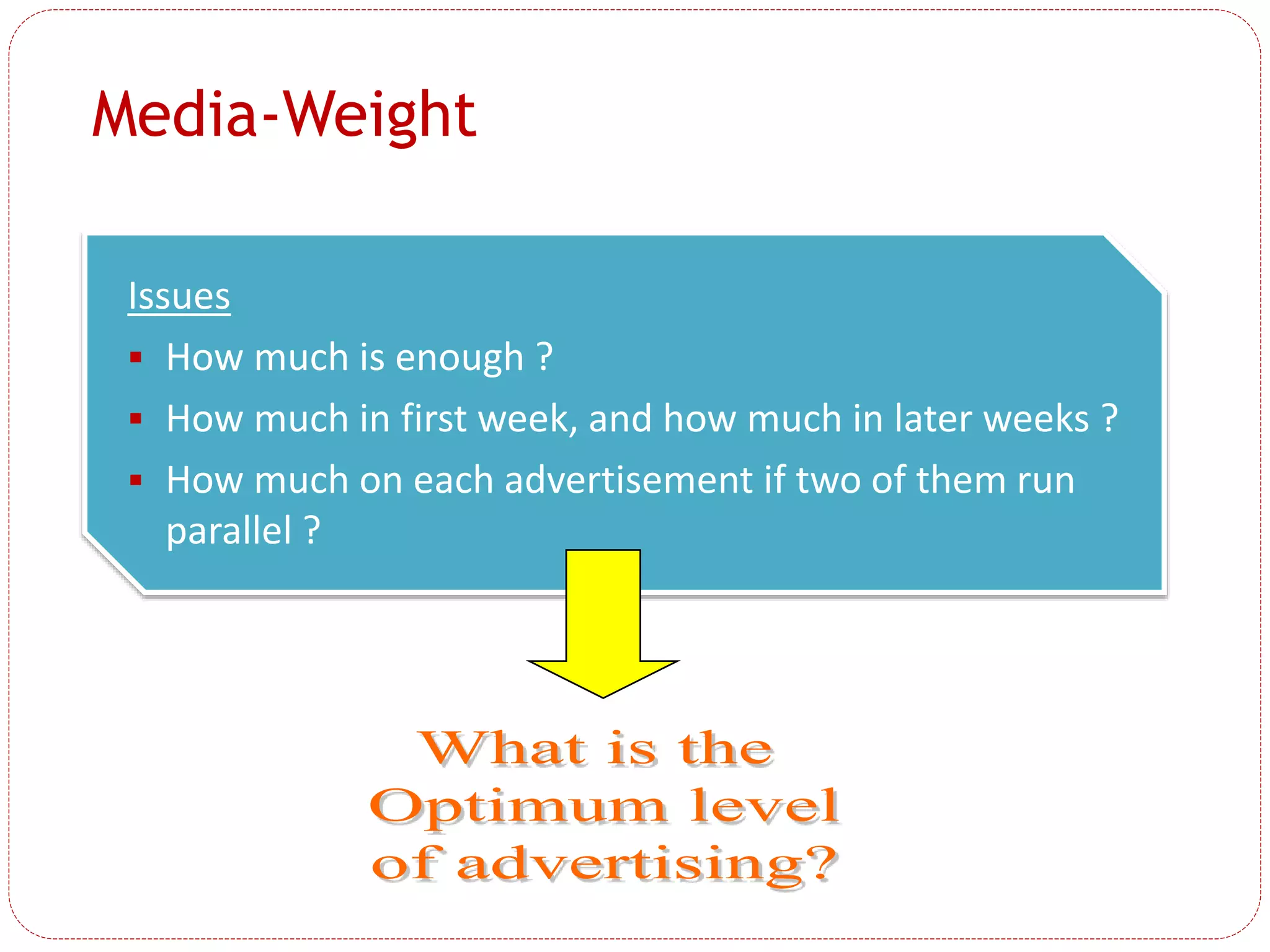Media-Weight
Issues
 How much is enough ?
 How much in first week, and how much in later weeks ?
 How much on each advertisement if two of them run
parallel ?
 