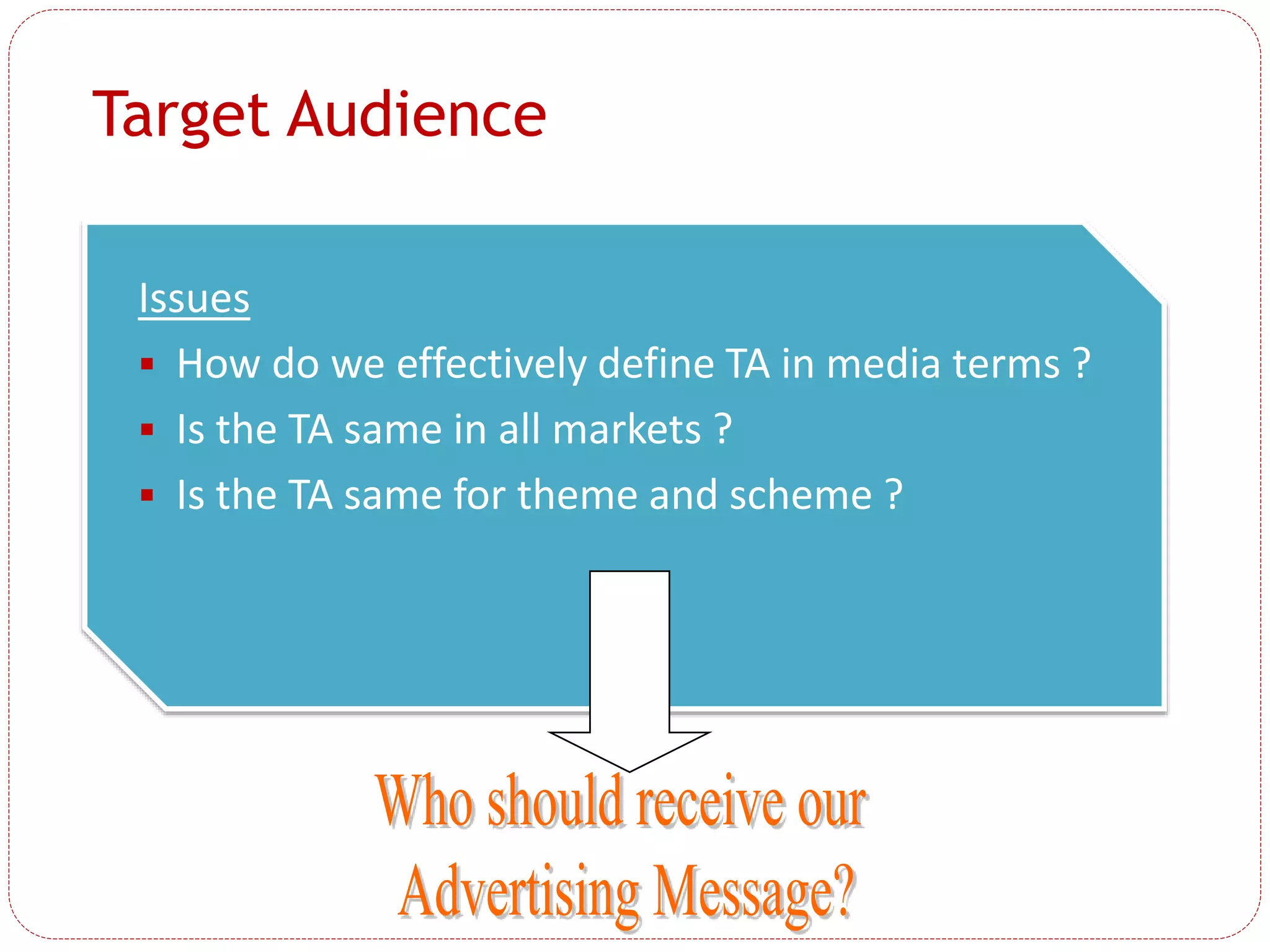 Target Audience
Issues
 How do we effectively define TA in media terms ?
 Is the TA same in all markets ?
 Is the TA same for theme and scheme ?
 