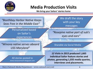 3
Media Production Visits
We bring your Sailors’ stories home
Navy Outreach Media Department – www.outreach.navy.mil 4
“Rosepine native part of sub’s
eyes and ears”
12 Visits in 2015 produced 1,665
individual Sailor feature stories and
photos, generating 1,035 media queries,
interviews and placements.
“Winona native serves aboard
USS Maryland”
“Boothbay Harbor Native Keeps
Seas Free in the Middle East”
We draft the story
with your key
messages
Personalized based
on Sailor’s
experiences
Sharable via Social Media
All stories posted to
www.navyoutreach.blogspot.com
 