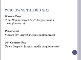 WHO OWNS THE BIG SIX? Warner Bros. Time Warner (world’s 2 nd  largest media conglomerate) Paramount Viacom (4 th  largest media conglomerate) 20 th  Century Fox News Corp (3 rd  largest media conglomerate) 