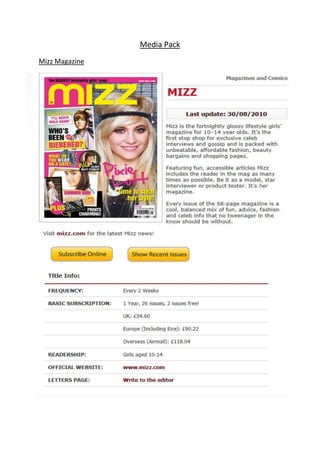Media Pack
Mizz Magazine
 