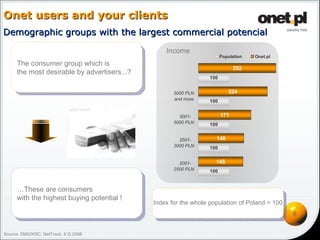 Onet users and your clients
Demographic groups with the largest commercial potencial

                                                  Income
                                                                        Population   Onet.pl
      The consumer group which is
                                                                              252
      the most desirable by advertisers...?
                                                                  100


                                                     5000 PLN              224
                                                     and more     100


                                                       3001-            171
                                                     5000 PLN     100


                                                       2501-        148
                                                     3000 PLN     100


                                                       2001-        145
                                                     2500 PLN     100


      …These are consumers
      with the highest buying potential !
                                              Index for the whole population of Poland = 100
                                                                                               8


Source: SMG/KRC, NetTrack, II Q 2008
 