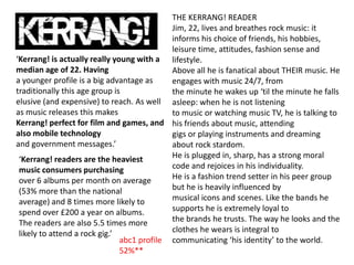 THE KERRANG! READER
                                            Jim, 22, lives and breathes rock music: it
                                            informs his choice of friends, his hobbies,
                                            leisure time, attitudes, fashion sense and
‘Kerrang! is actually really young with a lifestyle.
median age of 22. Having                    Above all he is fanatical about THEIR music. He
a younger profile is a big advantage as     engages with music 24/7, from
traditionally this age group is             the minute he wakes up ‘til the minute he falls
elusive (and expensive) to reach. As well asleep: when he is not listening
as music releases this makes                to music or watching music TV, he is talking to
Kerrang! perfect for film and games, and his friends about music, attending
also mobile technology                      gigs or playing instruments and dreaming
and government messages.’                   about rock stardom.
 ‘Kerrang! readers are the heaviest         He is plugged in, sharp, has a strong moral
 music consumers purchasing                 code and rejoices in his individuality.
 over 6 albums per month on average         He is a fashion trend setter in his peer group
 (53% more than the national                but he is heavily influenced by
 average) and 8 times more likely to        musical icons and scenes. Like the bands he
 spend over £200 a year on albums.          supports he is extremely loyal to
 The readers are also 5.5 times more        the brands he trusts. The way he looks and the
 likely to attend a rock gig.’              clothes he wears is integral to
                               abc1 profile communicating ‘his identity’ to the world.
                               52%**
 