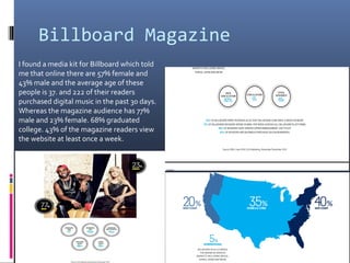 Billboard Magazine
I found a media kit for Billboard which told
me that online there are 57% female and
43% male and the average age of these
people is 37. and 222 of their readers
purchased digital music in the past 30 days.
Whereas the magazine audience has 77%
male and 23% female. 68% graduated
college. 43% of the magazine readers view
the website at least once a week.
 