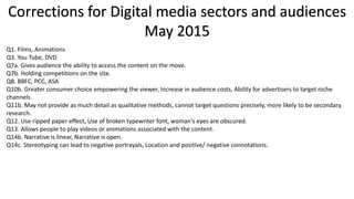 Corrections for Digital media sectors and audiences
May 2015
Q1. Films, Animations
Q3. You Tube, DVD
Q7a. Gives audience the ability to access the content on the move.
Q7b. Holding competitions on the site.
Q8. BBFC, PCC, ASA
Q10b. Greater consumer choice empowering the viewer, Increase in audience costs, Ability for advertisers to target niche
channels.
Q11b. May not provide as much detail as qualitative methods, cannot target questions precisely, more likely to be secondary
research.
Q12. Use ripped paper effect, Use of broken typewriter font, woman's eyes are obscured.
Q13. Allows people to play videos or animations associated with the content.
Q14b. Narrative is linear, Narrative is open.
Q14c. Stereotyping can lead to negative portrayals, Location and positive/ negative connotations.
 