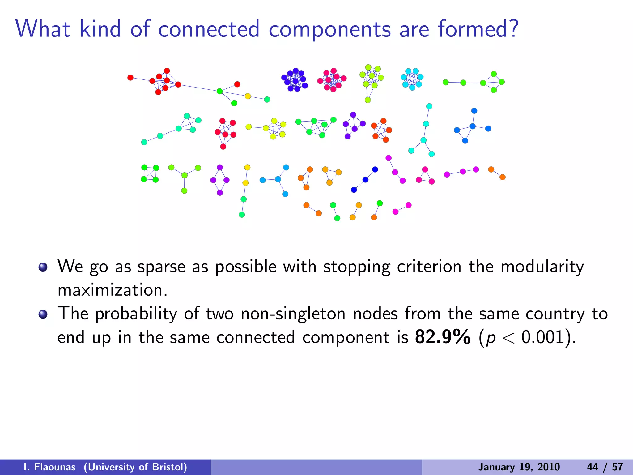 What kind of connected components are formed?
We go as sparse as possible with stopping criterion the modularity
maximization.
The probability of two non-singleton nodes from the same country to
end up in the same connected component is 82.9% (p < 0.001).
I. Flaounas (University of Bristol) January 19, 2010 44 / 57
 