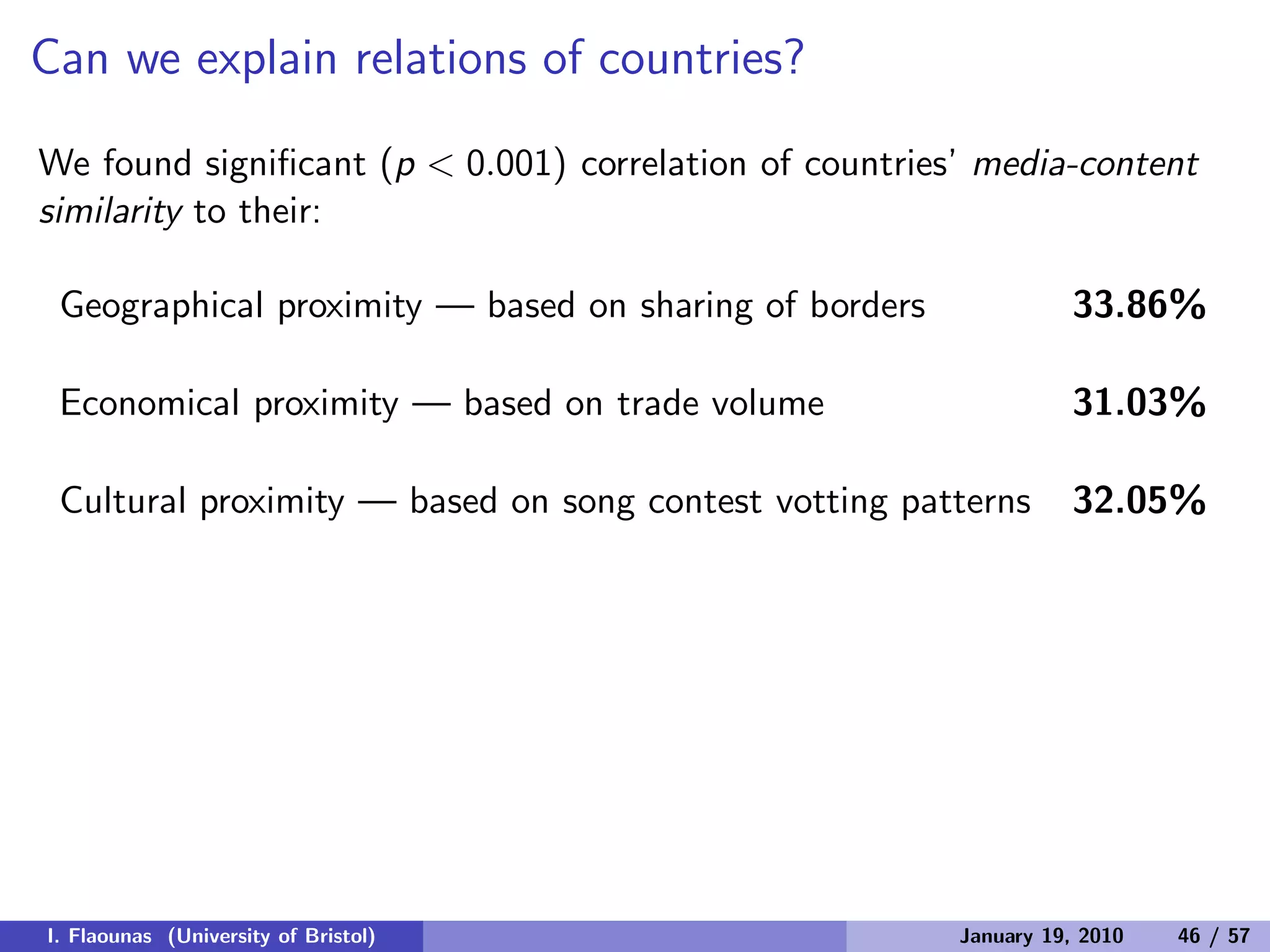 Can we explain relations of countries?
We found signiﬁcant (p < 0.001) correlation of countries’ media-content
similarity to their:
Geographical proximity — based on sharing of borders 33.86%
Economical proximity — based on trade volume 31.03%
Cultural proximity — based on song contest votting patterns 32.05%
I. Flaounas (University of Bristol) January 19, 2010 46 / 57
 