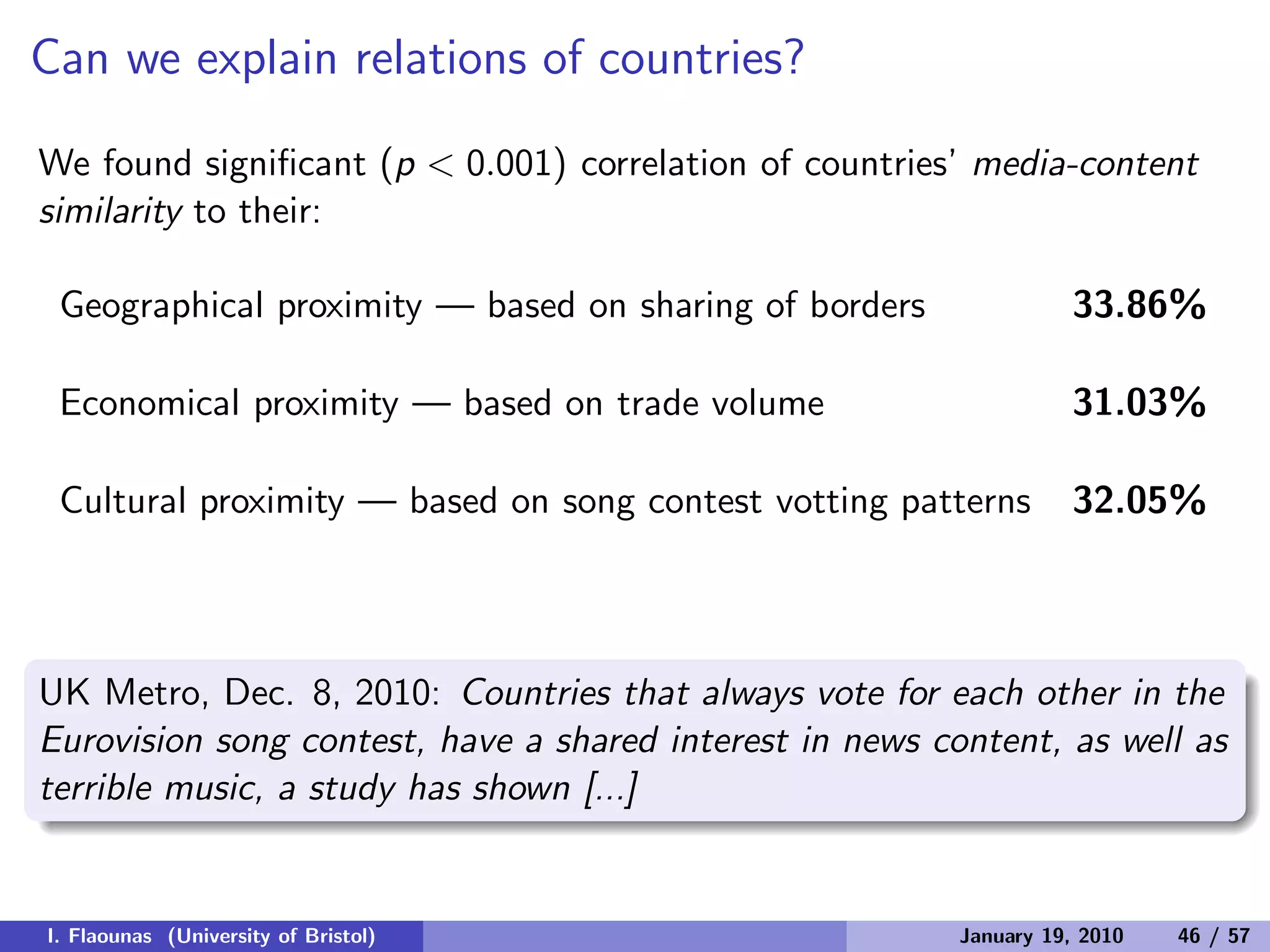 Can we explain relations of countries?
We found signiﬁcant (p < 0.001) correlation of countries’ media-content
similarity to their:
Geographical proximity — based on sharing of borders 33.86%
Economical proximity — based on trade volume 31.03%
Cultural proximity — based on song contest votting patterns 32.05%
UK Metro, Dec. 8, 2010: Countries that always vote for each other in the
Eurovision song contest, have a shared interest in news content, as well as
terrible music, a study has shown [...]
I. Flaounas (University of Bristol) January 19, 2010 46 / 57
 