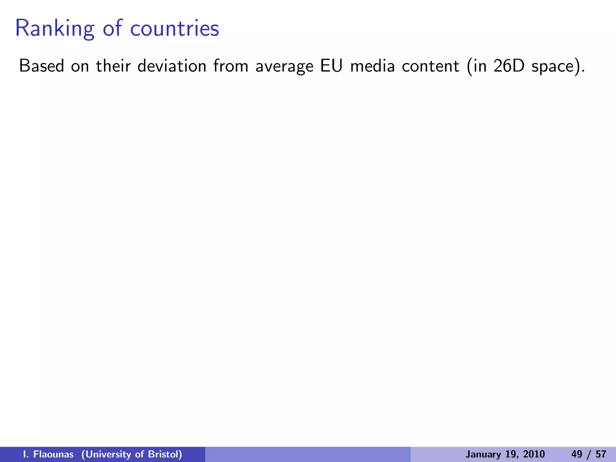 Ranking of countries
Based on their deviation from average EU media content (in 26D space).
I. Flaounas (University of Bristol) January 19, 2010 49 / 57
 