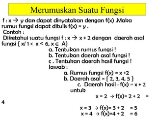 Merumuskan Suatu Fungsi
f : x  y dan dapat dinyatakan dengan f(x) .Maka
rumus fungsi dapat ditulis f(x) = y .
Contoh :
Diketahui suatu fungsi f : x  x + 2 dengan daerah asal
fungsi { x/ 1 < x< x << 6, x6, x ∈ A}
a. Tentukan rumus fungsi !
b. Tentukan daerah asal fungsi !
c . Tentukan daerah hasil fungsi !
Jawab :
a. Rumus fungsi f(x) = x +2
b. Daerah asal = { 2, 3, 4, 5 }
c. Daerah hasil : f(x) = x + 2
untuk
x = 2  f(x)= 2 + 2 =
4
x = 3  f(x)= 3 + 2 = 5
x = 4  f(x)=4 + 2 = 6
»
 