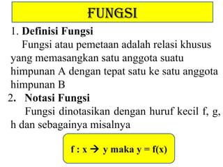 FUNGSI
1. Definisi Fungsi
Fungsi atau Pemetaan adalah relasi khusus yang
memasangkan satu anggota suatu himpunan A dengan tepat
satu ke satu anggota himpunan B.
2. Notasi Fungsi
Fungsi dinotasikan dengan hurf kecil misalnya c,d,e,f,g dan
sebagainya.
f : x  y maka y = f(x)
 