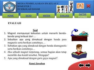 MEDIA PEMBELAJARAN IPA KELAS V
SEMESTER 2
DI SEKOLAH DASAR
HOME

SK/KD

MATERI

EVALUASI

EVALUASI

1.

2.
3.
4.
5.

Soal
Magnet mempunyai kekuatan untuk menarik bendabenda yang terbuat dari ...
Sebutkan apa yang dimaksud dengan benda para
magnetis serta berikan contohnya…
Sebutkan apa yang dimaksud dengan benda diamagnetis
serta berikan contohnya…
Jika sebuah magnet terpotong, semua bagian akan tetap
memiliki dua kutub tersebut. Mengapa?
Apa yang dimaksud dengan garis gaya magnet?
Kunci Jawaban

DAFTAR
PUSTAKA

 