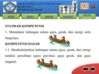 MEDIA PEMBELAJARAN IPA KELAS V
SEMESTER 2
DI SEKOLAH DASAR
HOME

SK/KD

MATERI

EVALUASI

DAFTAR
PUSTAKA

STANDAR KOMPETENSI
1. Memahami hubungan antara gaya, gerak, dan energi serta
fungsinya.

KOMPETENSI DASAR
1.1. Mendeskripsikan hubungan antara gaya, gerak, dan energi
melalui percobaan (gaya gravitasi, gaya gesek, dan gaya
magnet).

 