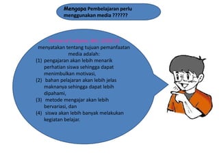 Mengapa Pembelajaran perlu
menggunakan media ??????

Menurut Sudjana, dkk. (2002:2)
menyatakan tentang tujuan pemanfaatan
media adalah:
(1) pengajaran akan lebih menarik
perhatian siswa sehingga dapat
menimbulkan motivasi,
(2) bahan pelajaran akan lebih jelas
maknanya sehingga dapat lebih
dipahami,
(3) metode mengajar akan lebih
bervariasi, dan
(4) siswa akan lebih banyak melakukan
kegiatan belajar.

 