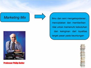 Marketing Mix Ilmu dan seni mengekspolarasi ,
menciptakan dan memberikan
nilai untuk memenuhi kebutuhan
dan keinginan dari loyalitas
target pasar pada keuntungan
Professor Philip Kotler
 
