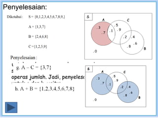 Penyelesaian: 
untuk soal g, menggunakan operasi 
selisih, dan untuk h menggunakan 
operas jumlah. Jadi, penyelesaian 
untuk g dan h, yaitu: 
 