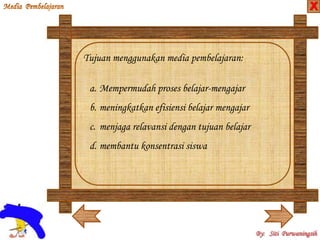 Tujuan menggunakan media pembelajaran: 
a. Mempermudah proses belajar-mengajar 
b. meningkatkan efisiensi belajar mengajar 
c. menjaga relavansi dengan tujuan belajar 
d. membantu konsentrasi siswa 
X 
 